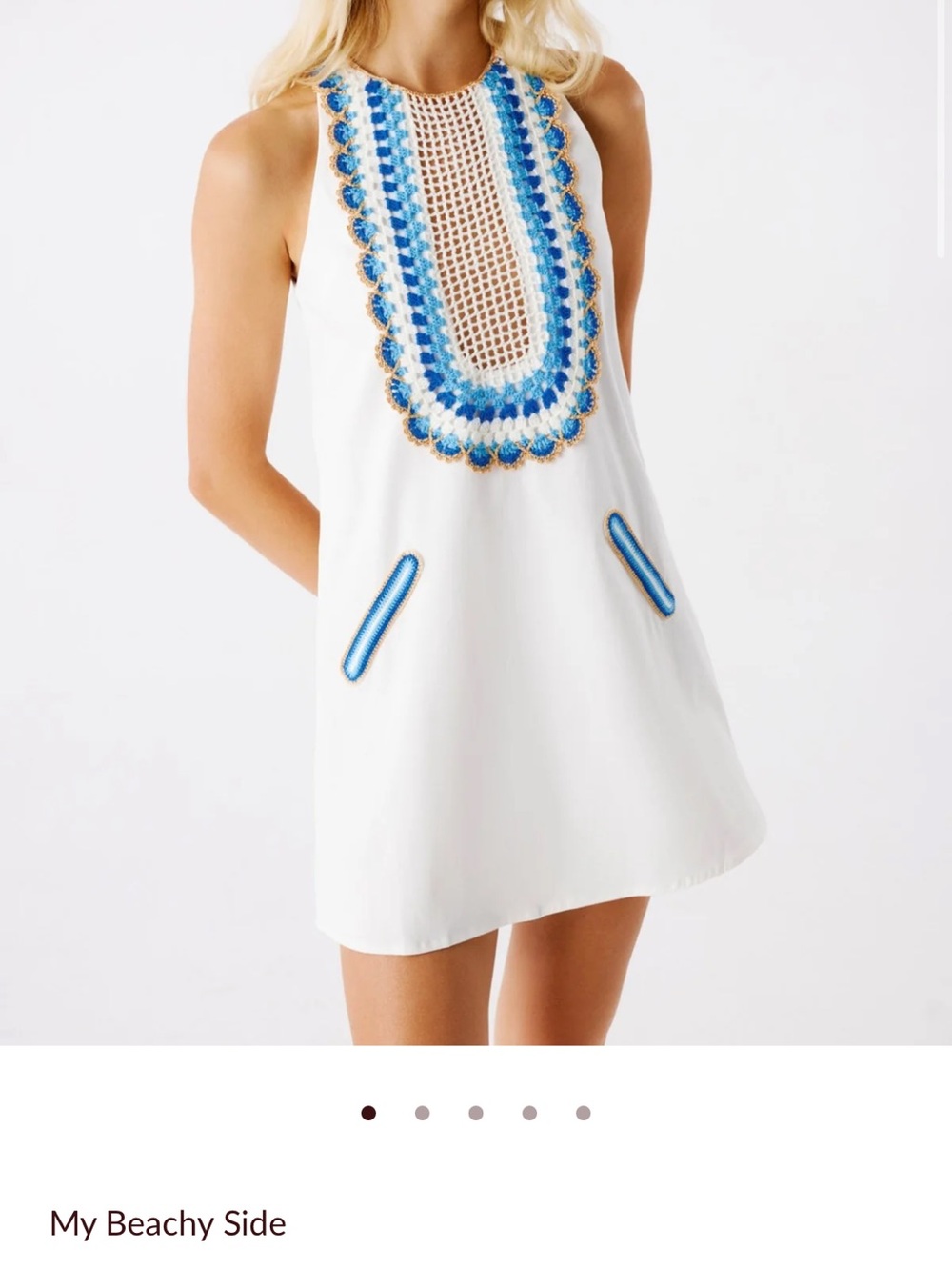 My Beachy Side White Crochet-Trim Mini Dress with Blue Accents